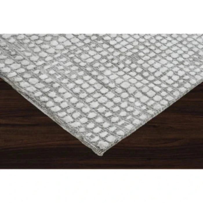 A square area rug with a textured, woven geometric pattern in shades of gray and white, shown flat against a solid white background.