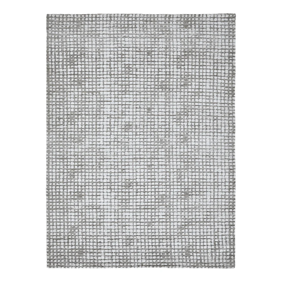 A square area rug with a textured, woven geometric pattern in shades of gray and white, shown flat against a solid white background.