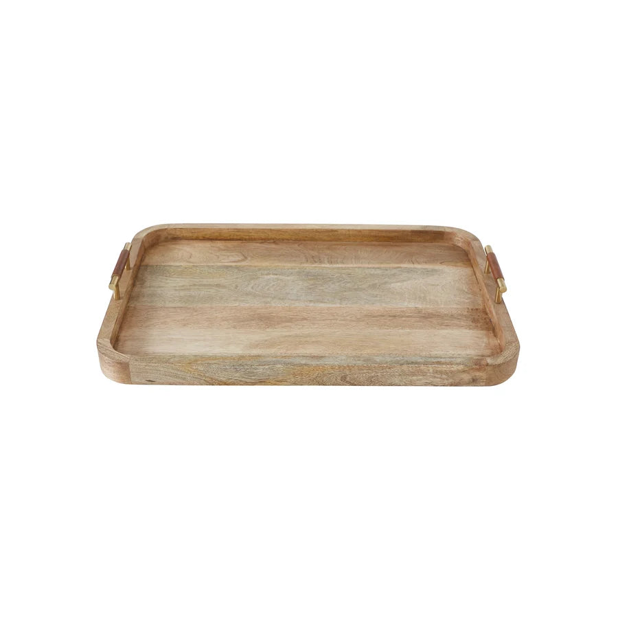 A rectangular wooden serving tray with rounded corners and small metal handles on the left and right sides, shown on a plain white background.