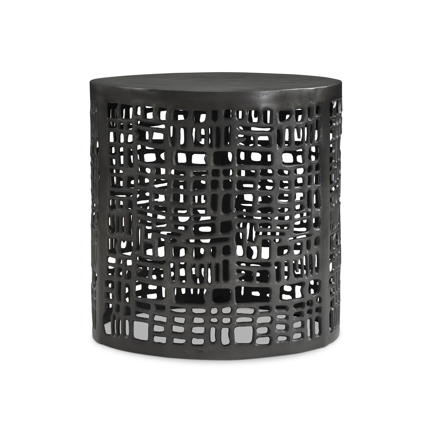 Black lattice-patterned side table on a white background