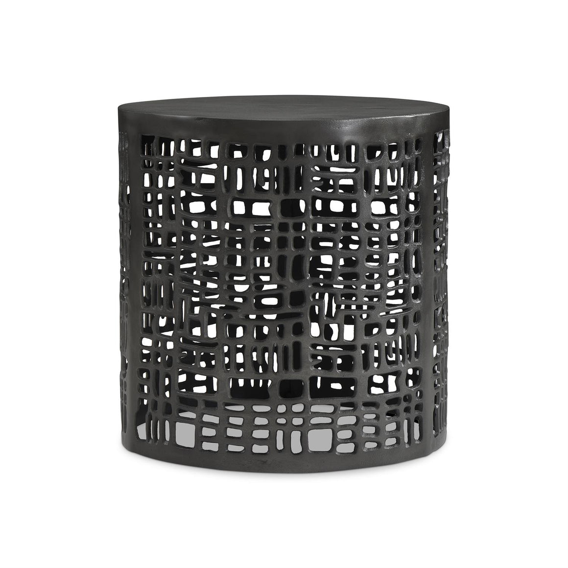 Black lattice-patterned side table on a white background