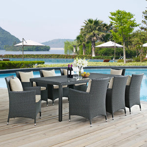 Sojourn 9 Piece Outdoor Patio Sunbrella® Dining Set in Beige @taylorraydesign