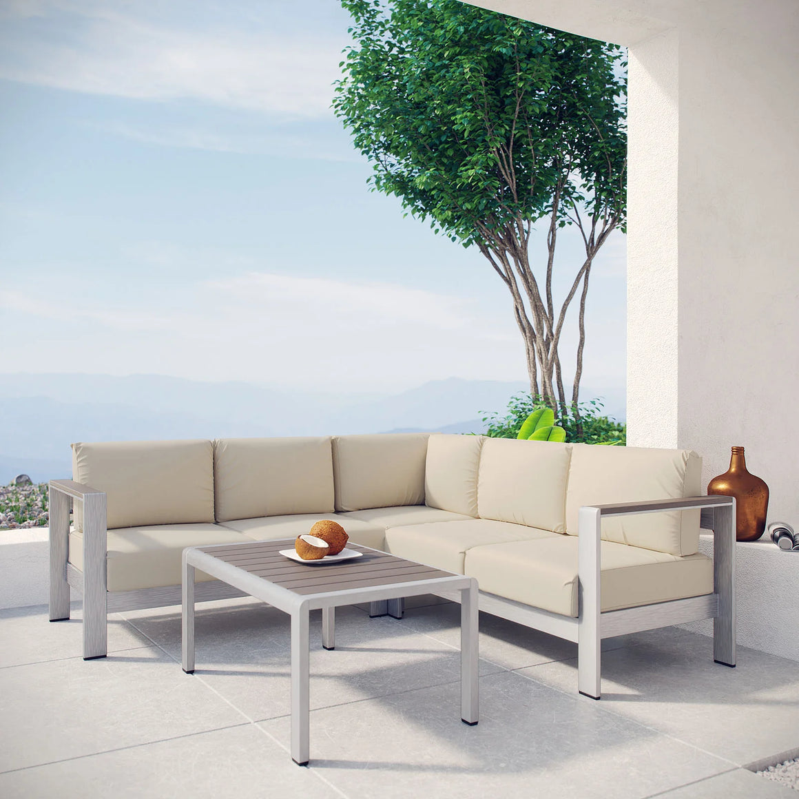 Shore 4 Piece Outdoor Patio Aluminum Sectional Sofa Set in Beige @taylorraydesign