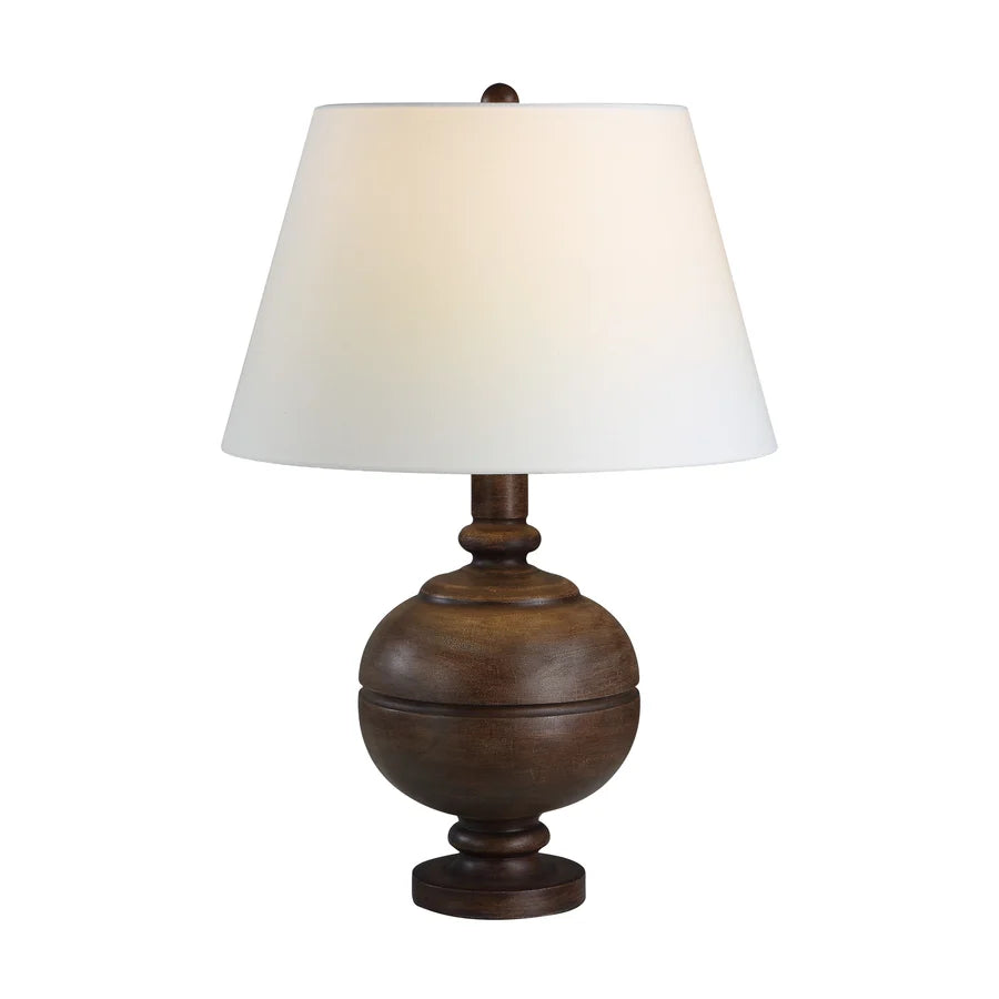 A classic table lamp with a dark brown wooden ball-shaped base and a tapered off-white fabric shade, shown against a plain white background.