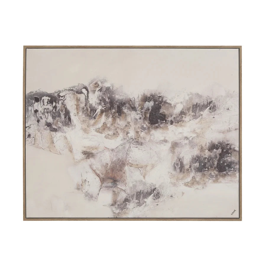 An abstract framed painting featuring textured brushstrokes in shades of gray, brown, and black over a warm off-white background, enclosed in a thin light wood frame.