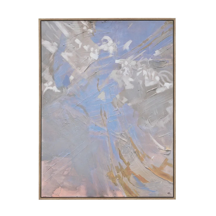 An abstract expressionist painting featuring textured impasto brushstrokes in shades of light blue, gray, white, and soft peach, enclosed in a thin metallic gold frame.
