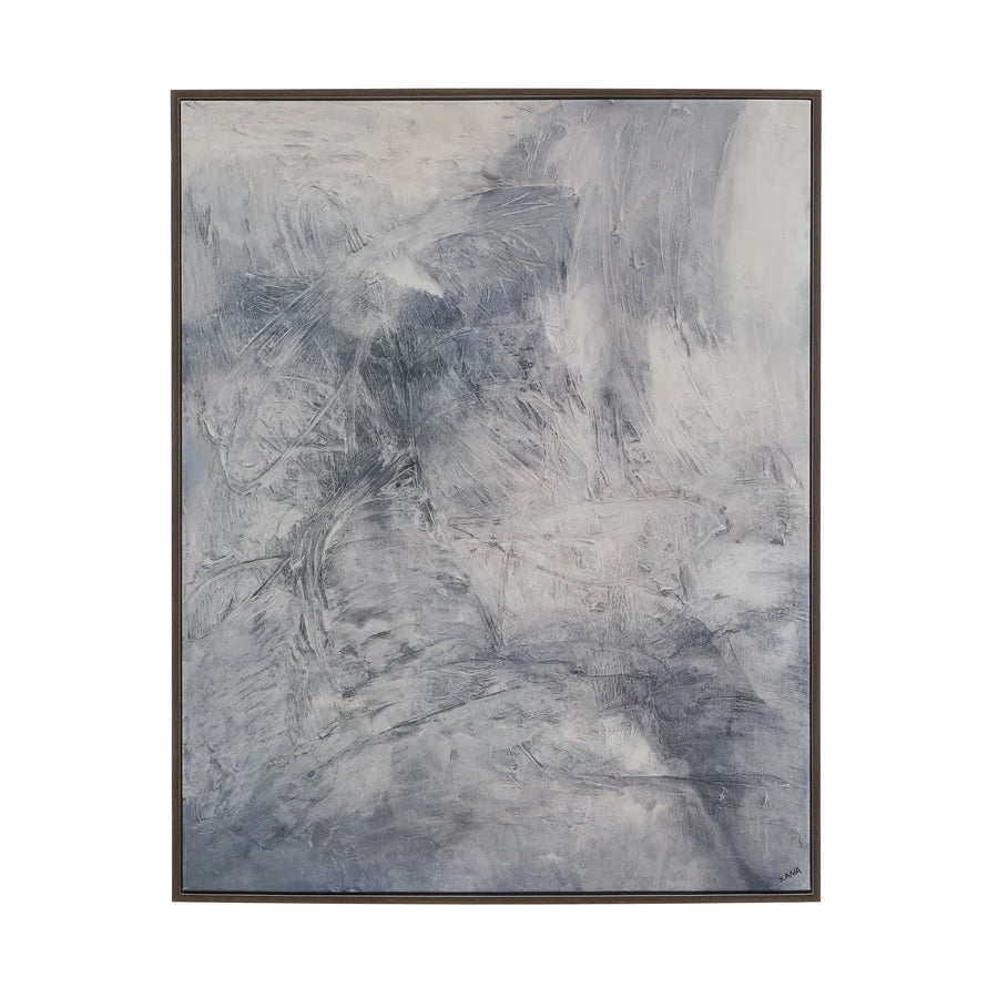 An abstract framed painting featuring textured brushstrokes in shades of gray, white, and muted blue-gray, enclosed in a dark brown frame against a solid white background.