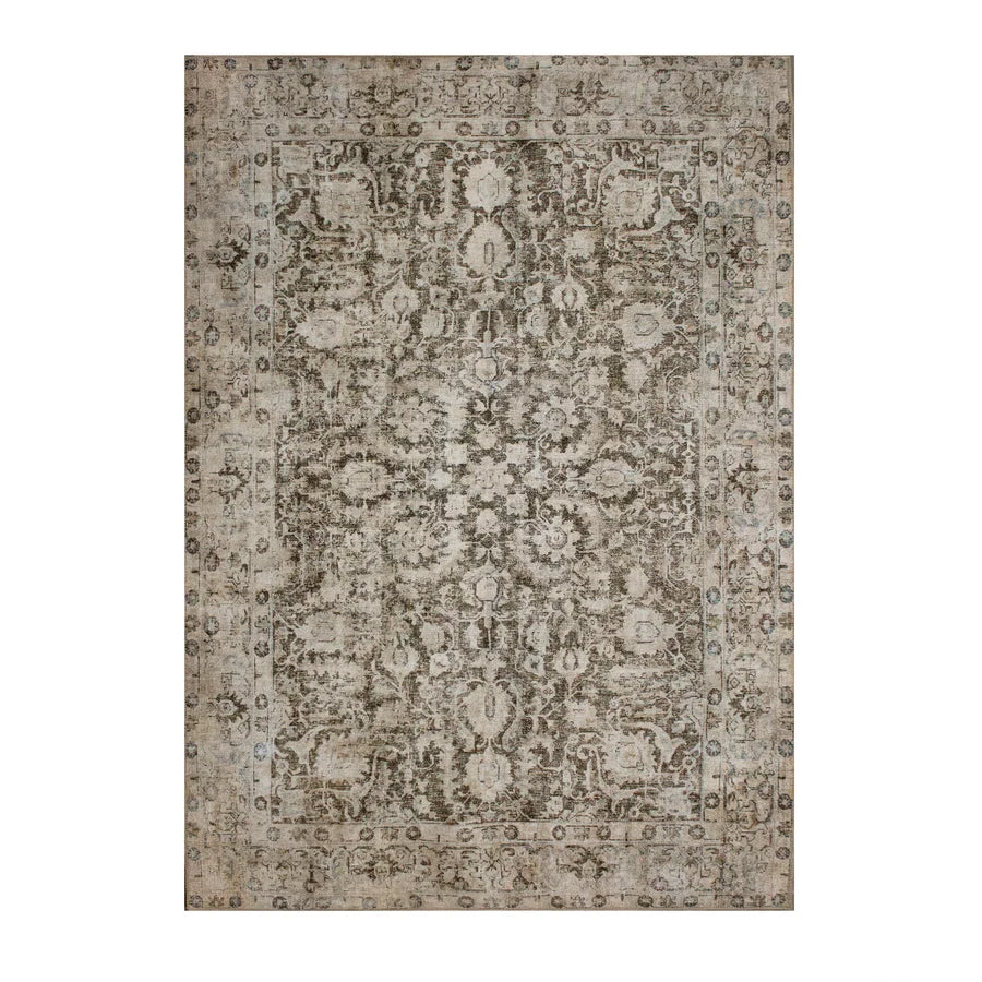 A rectangular area rug with an ornate distressed traditional pattern in muted beige, gray, and brown tones, shown flat against a white background.
