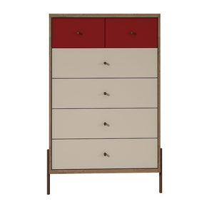 Joy 6-Drawer Tall Dresser in Red Off-White and Oak