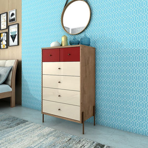 Joy 6-Drawer Tall Dresser in Red Off-White and Oak